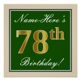 Poster Elégant, Vert, Faux Or 78ème anniversaire + Nom