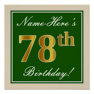 Poster Elégant, Vert, Faux Or 78ème anniversaire + Nom