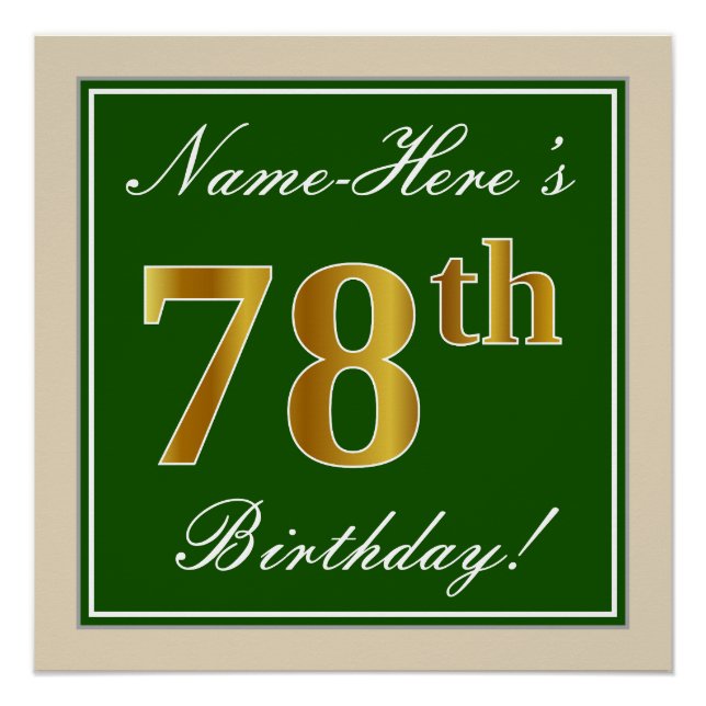 Poster Elégant, Vert, Faux Or 78ème anniversaire + Nom (Devant)