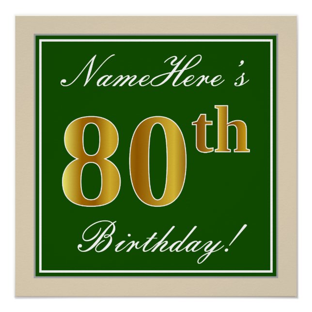 Poster Elégant, Vert, Faux Or 80ème Anniversaire + Nom (Devant)
