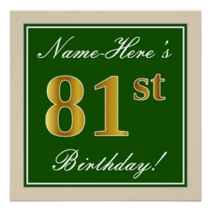 Poster Elégant, Vert, Faux Or 81ème Anniversaire + Nom