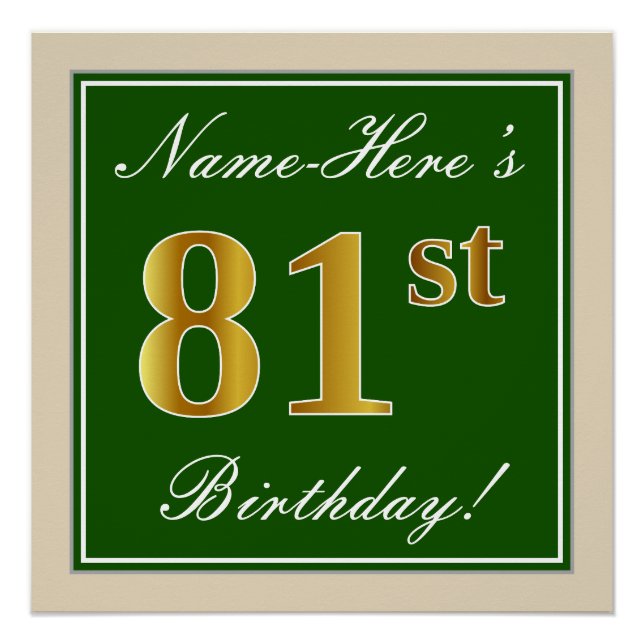 Poster Elégant, Vert, Faux Or 81ème Anniversaire + Nom (Devant)