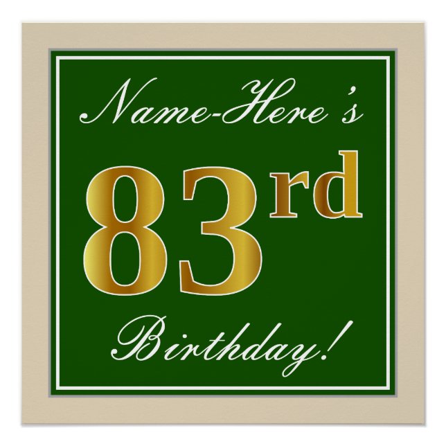 Poster Elégant, Vert, Faux Or 83ème anniversaire + Nom (Devant)