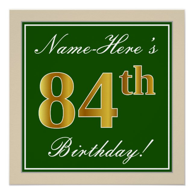 Poster Elégant, Vert, Faux Or 84ème Anniversaire + Nom (Devant)
