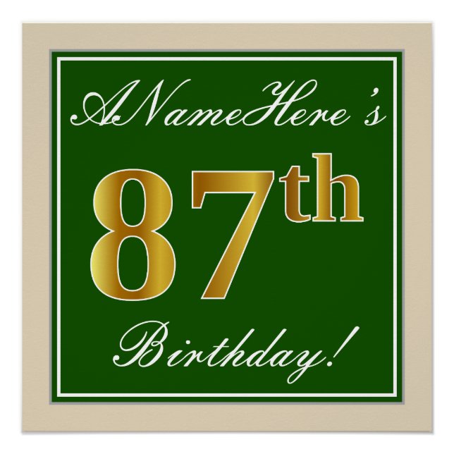 Poster Elégant, Vert, Faux Or 87ème Anniversaire + Nom (Devant)