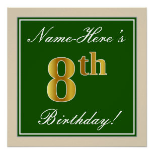 Poster Elégant, Vert, Faux Or 8ème anniversaire + Nom