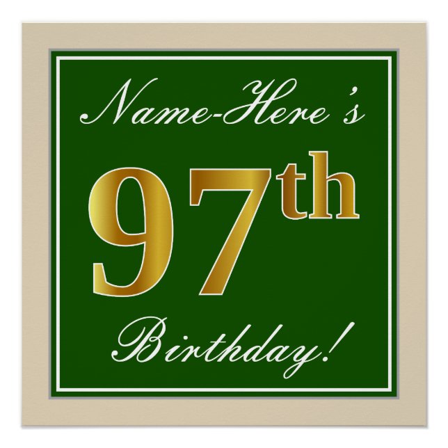 Poster Elégant, Vert, Faux Or 97ème Anniversaire + Nom (Devant)