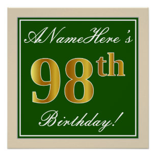 Poster Elégant, Vert, Faux Or 98ème Anniversaire + Nom