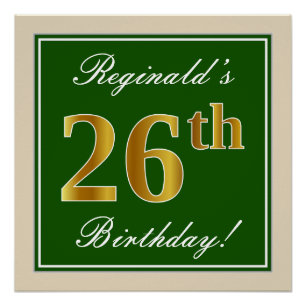 Poster Élégant, Vert, Or Faux 26e Anniversaire + Nom