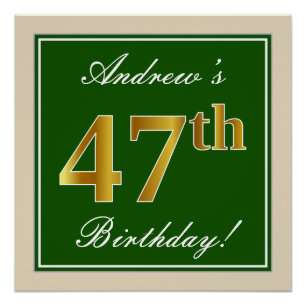 Poster Elégant, Vert, Or Faux 47ème Anniversaire + Nom