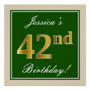 Poster Elégant, Vert, Or Imitation 42e Anniversaire + Nom