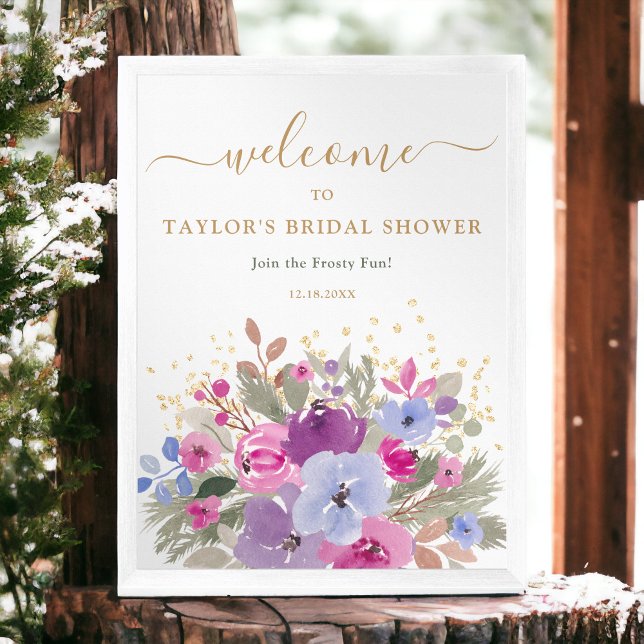 Poster Elégant violet or hiver Floral Bride bienvenue (Elegant Purple Gold Winter Floral Bridal welcome Poster)