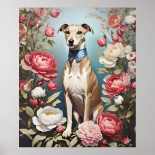 Poster Elégant Whippet rose Peony Flowers Arrière - plan 