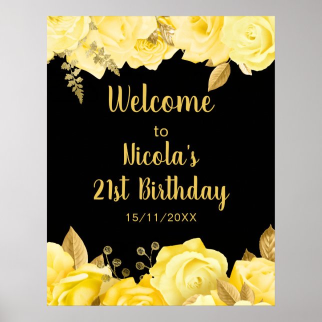 Poster Elegant Yellow and Gold Flowers Birthday Party (Devant)