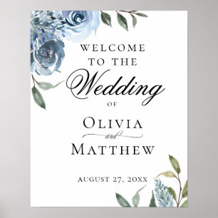 Poster Élégante Accueil de Mariage Botanique Bleu Poussié