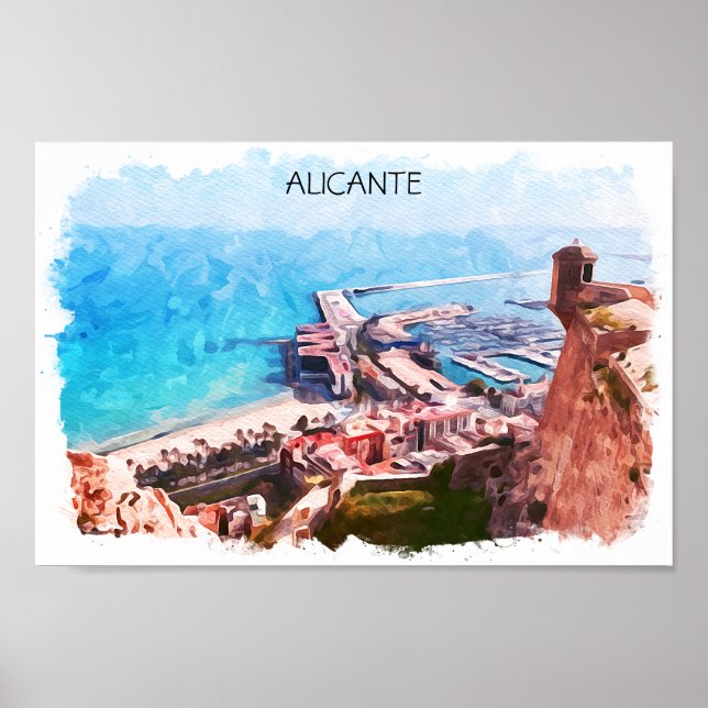 Poster Elégante Alicante Espagne Panorama Aquarelle (Devant)