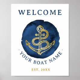 Poster Elégante Ancre aquarelle Nom nautique Marine Bleu