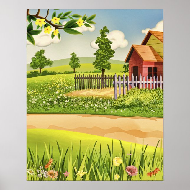Poster Elégante aquarelle Été vert Arbre floral (Devant)