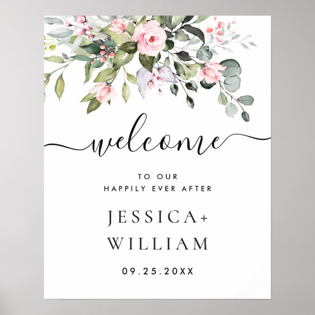 Poster Elégante aquarelle Eucalyptus Mariage Bienvenue (Devant)