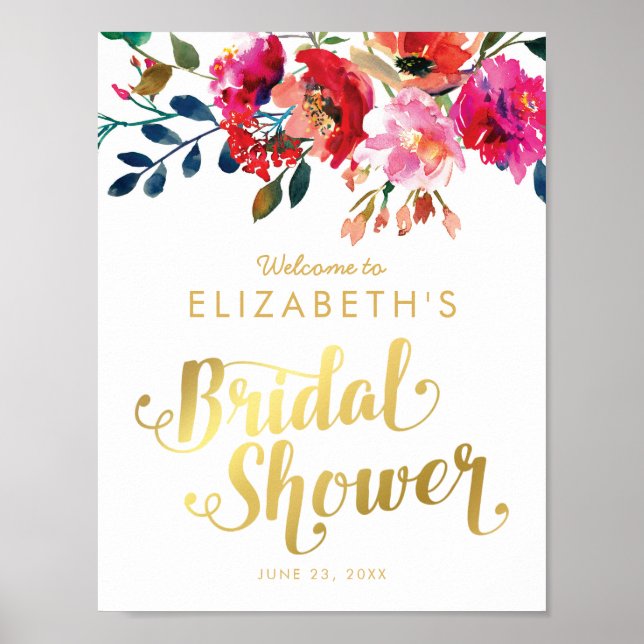 Poster Elégante aquarelle florale Fête des mariées or bla (Devant)