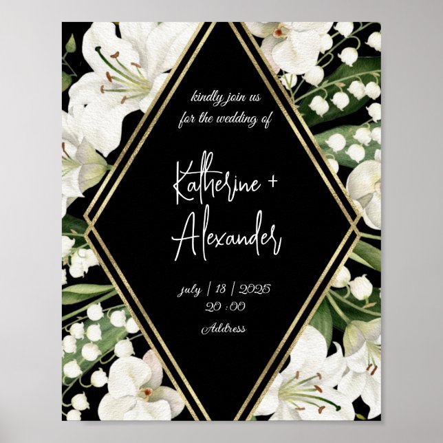 Poster Elégante aquarelle florale noir et blanc (Devant)