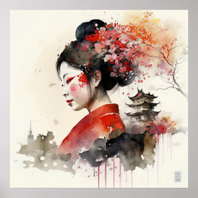 Poster Elégante aquarelle Geisha Portrait (Devant)