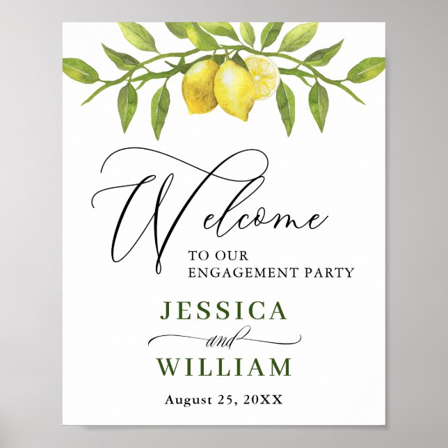 Poster Elégante aquarelle Lemon Green ENGAGEMENT PARTY (Devant)
