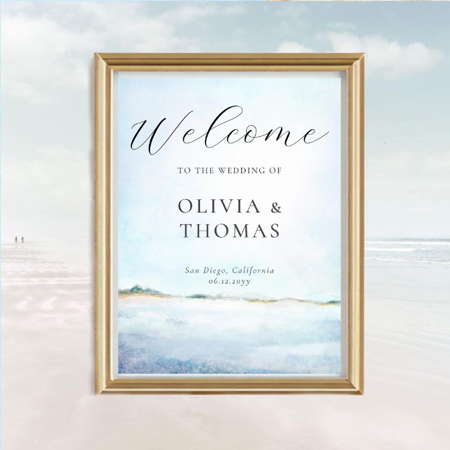 Poster Elégante aquarelle plage Mariage côtier Bienvenue (Wedding welcome poster nautical coastal ocean shore watercolor painted elegant romantic modern chic)