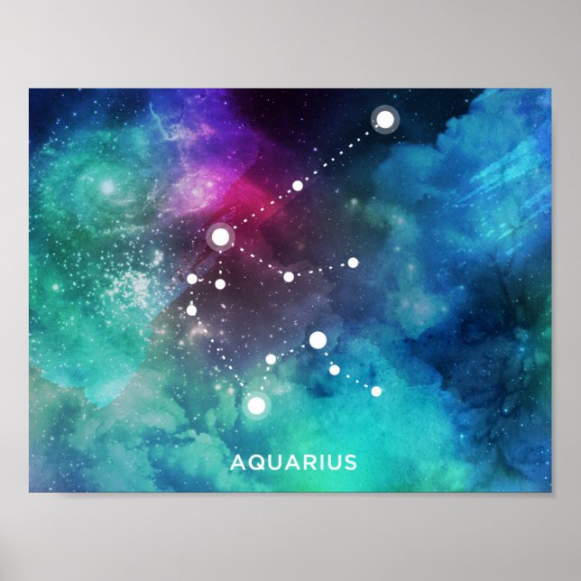 Poster Elégante aquarelle rouge bleu Nebula Aquarius (Devant)