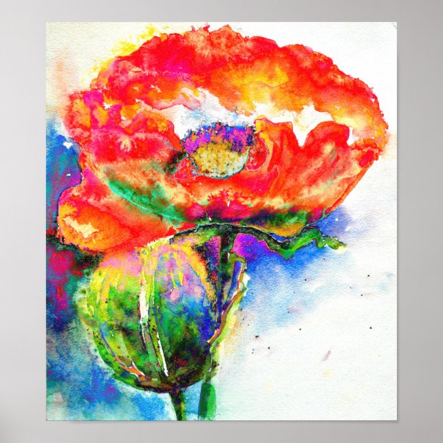 Poster Elégante aquarelle rouge florale (Devant)