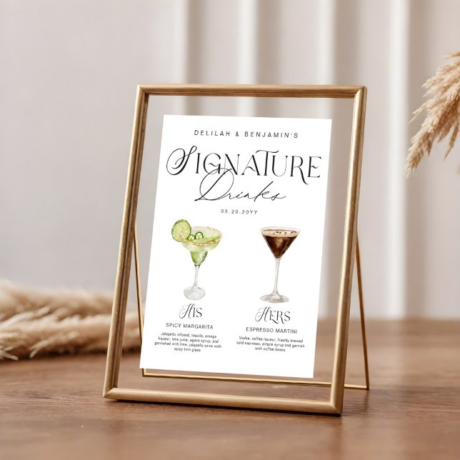 Poster Elégante aquarelle Sa signature Boisson Mariage (Elegant Watercolor His Her Signature Drink Wedding Poster)