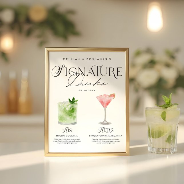 Poster Elégante aquarelle Sa signature Boisson Mariage (Elegant Watercolor His Her Signature Drink Wedding Poster)