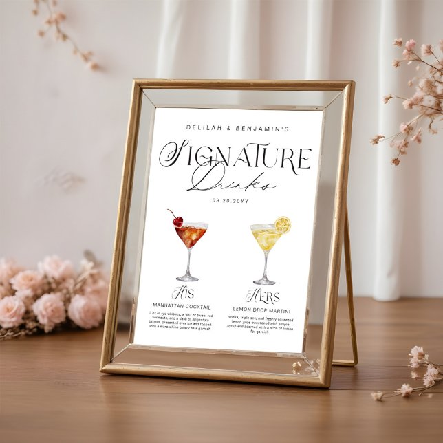 Poster Elégante aquarelle Sa signature Boisson Mariage (Elegant Watercolor His Her Signature Drink Wedding Poster)