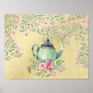 Poster Elégante Aquarelle Teapot et Fleurs Or