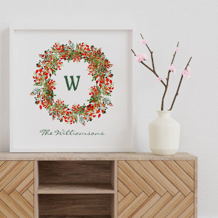 Poster Elégante aquarelle verte Wreath Monogramme personn