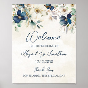 Poster Élégante Bienvenue de Mariage d'Hiver à Fleurs Ble