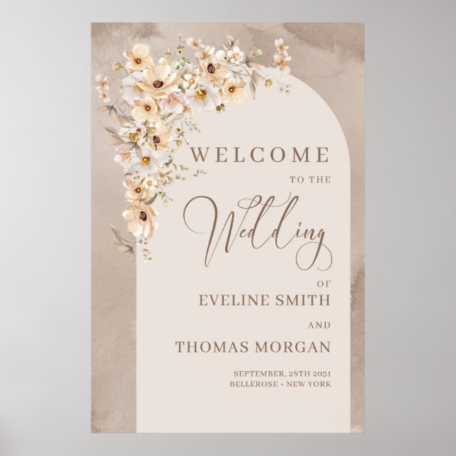 Poster Élégante bienvenue de mariage fleur blanc ivoire n (Devant)