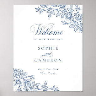 Poster Élégante Bienvenue Mariage Floral Bleu Marine Vint