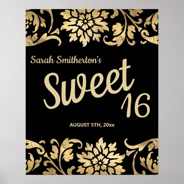 Poster Elégante Black Gold Flowers Sweet 16 Anniversaire (Devant)
