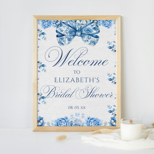 Poster Elégante Blue Floral Bow Toile Calligraphie Bienve (Créateur téléchargé)