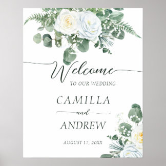 Poster Elégante Boho Roses blanches avec verdure Bienvenu