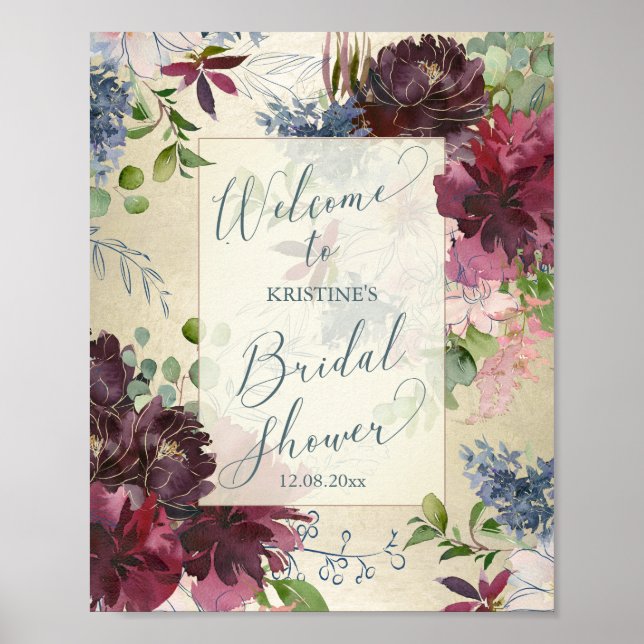 Poster Elégante Bourgogne Fête des mariées Florale Bienve (Devant)