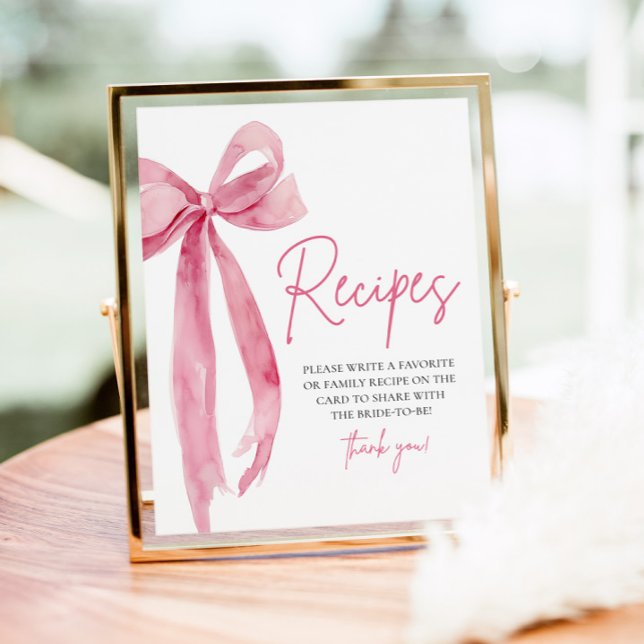 Poster Élégante Bow rose Elle noue les recettes du noeud  (Elegant Pink Bow She's Tying the Knot Recipes Sign)