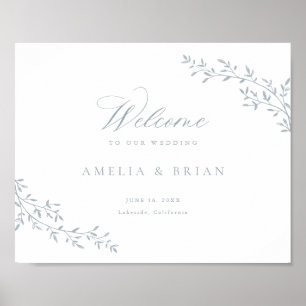 Poster Élégante branche feuille Botanique Bleu Mariage Bi
