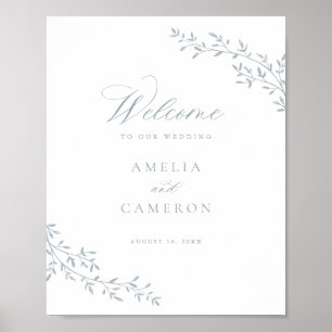 Poster Élégante branche feuille Botanique Bleu Mariage Bi