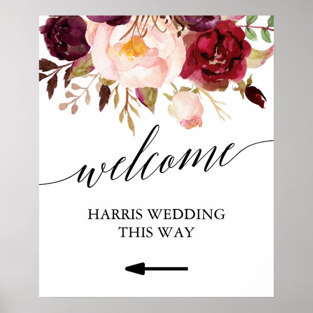 Poster Élégante calligraphie Florale Mariage de bienvenue (Devant)