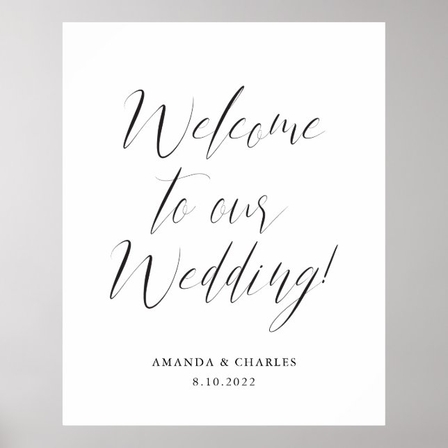 Poster Élégante calligraphie noir blanc Mariage Bienvenue (Devant)