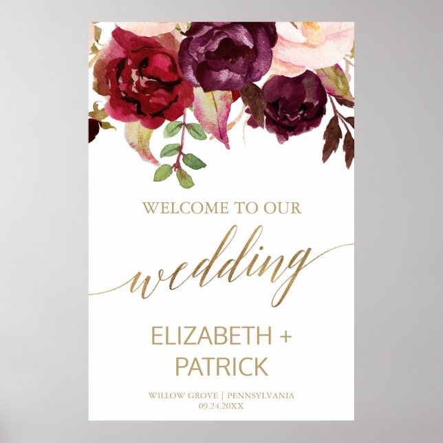 Poster Élégante calligraphie or Floral Mariage Bienvenue (Devant)