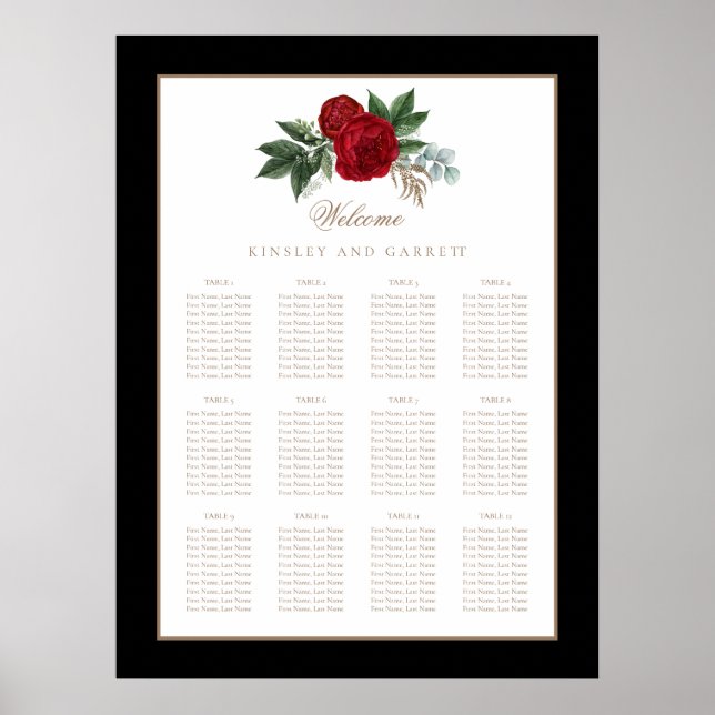 Poster Élégante calligraphie or Rouge Floral Mariage (Devant)