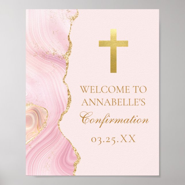 Poster Élégante Confirmation Cross Pink Gold Agate Party (Devant)
